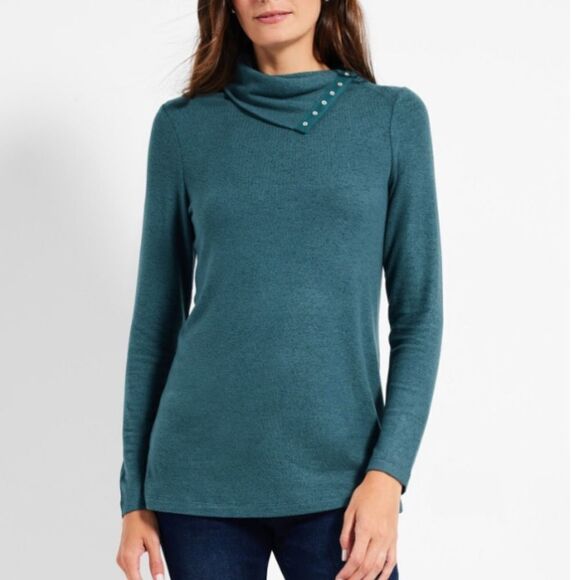 NWT NIC+ZOE Sweet Dreams Snap Neck Tee True Ocean Size Small - Picture 1 of 9